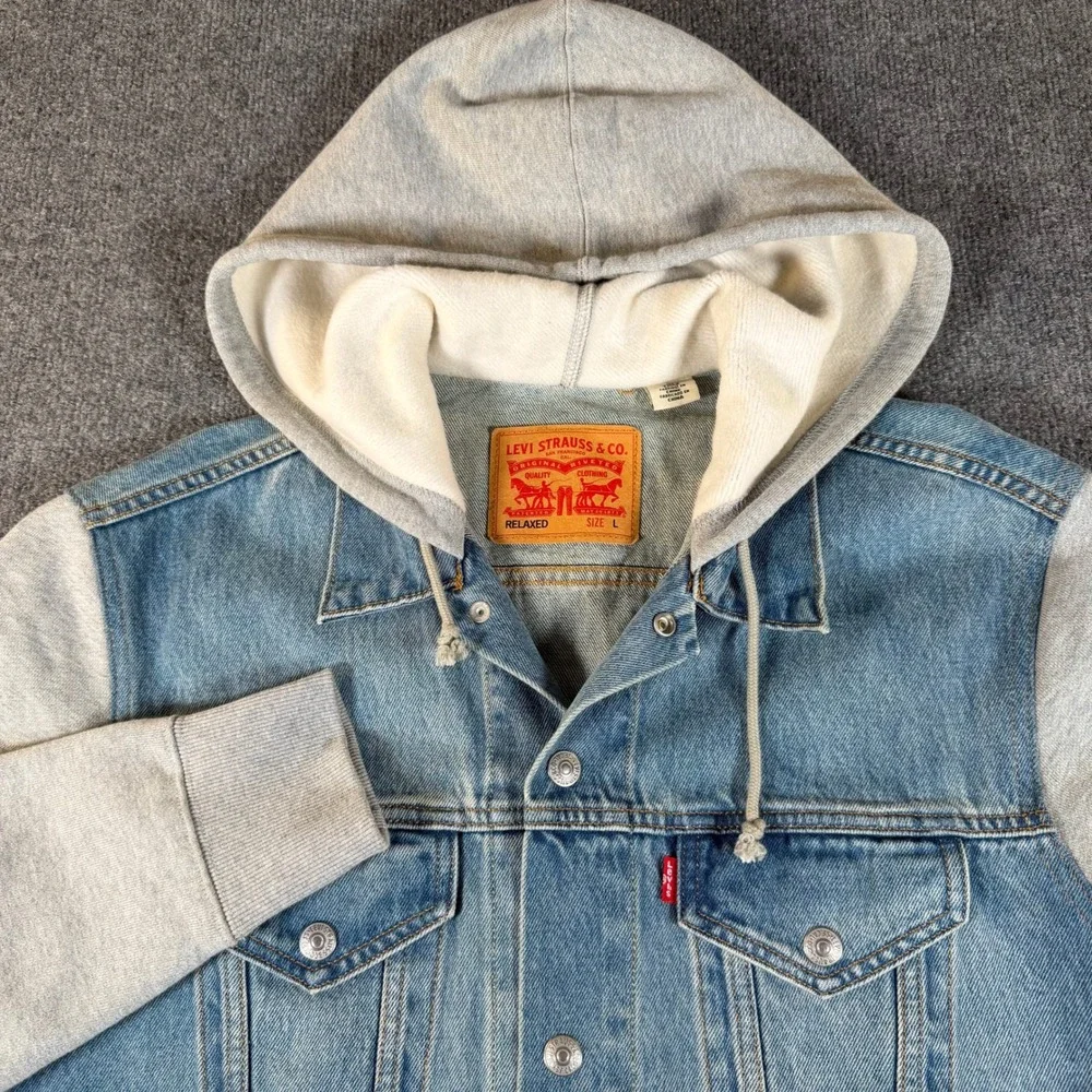 Levis Mens Relaxed Fit Hooded Denim Trucker Jacket Light Wash Gray L #3823